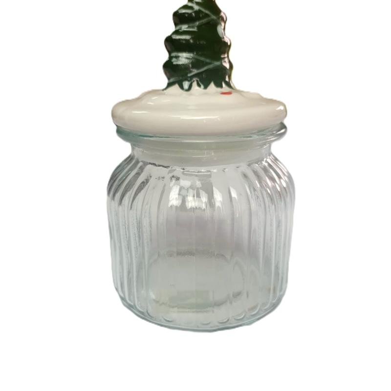 Tarro de almacenamiento de vidrio con tapa de árbol de Navidad de cerámica